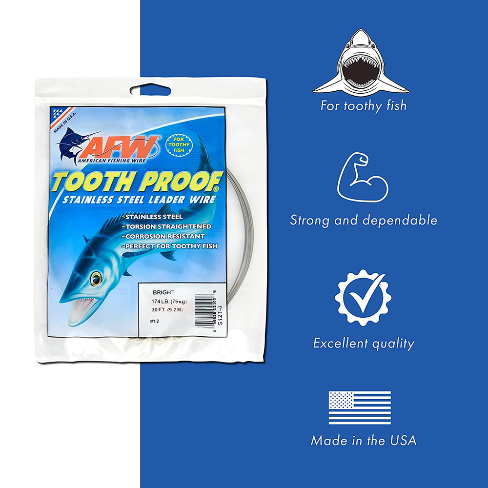 #12 Tooth Proof Stainless Steel Single Strand Leader Wire, 174 lb / 79 kg  test, .029 in / 0.74 mm dia, Bright, 30 ft / 9.2 m